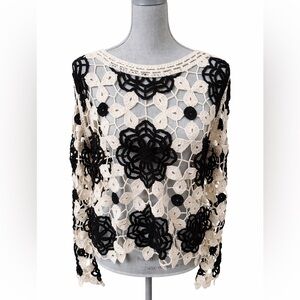 Cloth by Design Crochet Floral Sweater Black Cream Boho Open Knit Size L